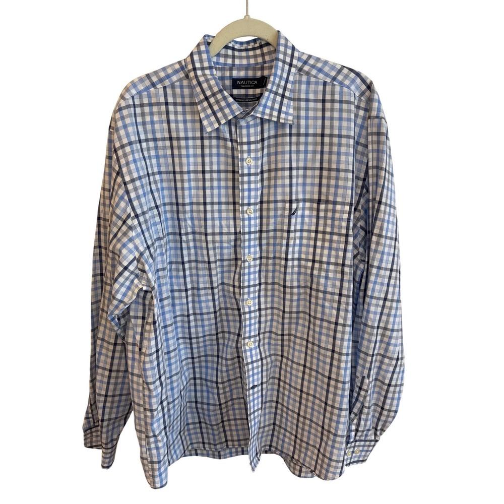 Nautica Tailored Fit Long Sleeve Plaid Wrinkle Resistant Men's Shirt‎ XXL